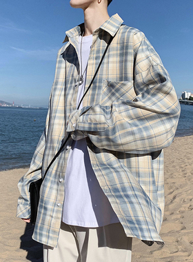 很仙的上衣男宽松百搭格子衬衣