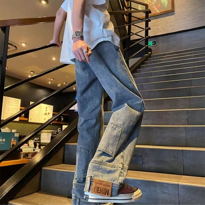 复古蓝倒装反穿微喇叭牛仔裤
