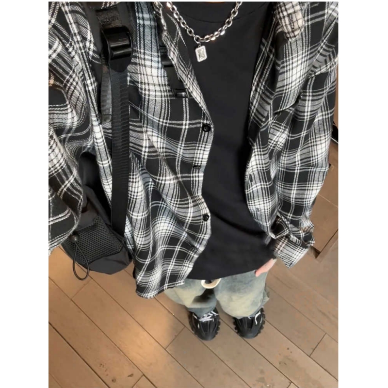 黑白格子长袖衬衫男高级感
