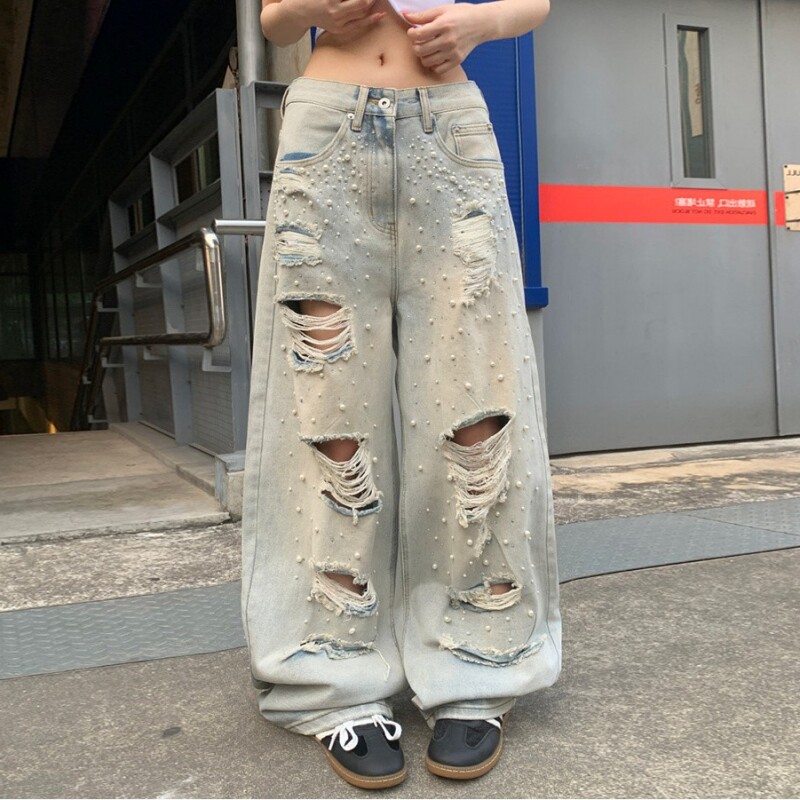 个性大破洞钉珠阔腿牛仔裤男款图片
