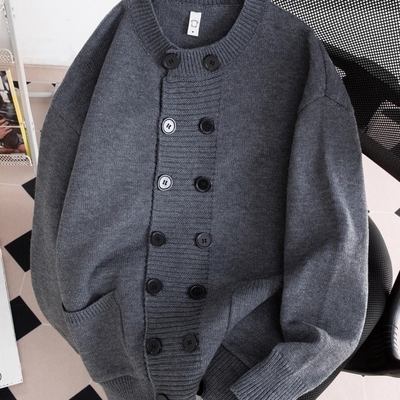 高智老钱风双排扣开衫毛衣男