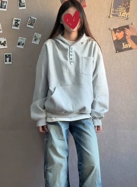 美式高街灰色绿松石纽扣连帽卫衣男2025冬季短宽重磅硬挺帽衫外套