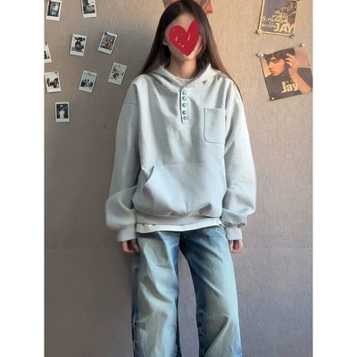 美式高街灰色绿松石纽扣连帽卫衣