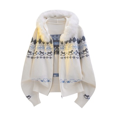 可拆卸毛领提花针织开衫男女