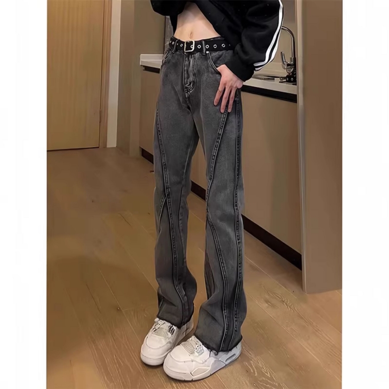 黑灰色毛边微喇牛仔裤男