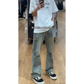 vibe高街膝盖破洞牛仔裤 男春新款 设计感显瘦裤 美式 子直筒微喇叭裤