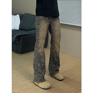 复古蓝满印提花牛仔裤男春季小众设计感cleanfit修身直筒微喇长裤