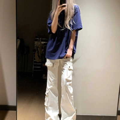白色vibe绑带直筒牛仔裤男夏