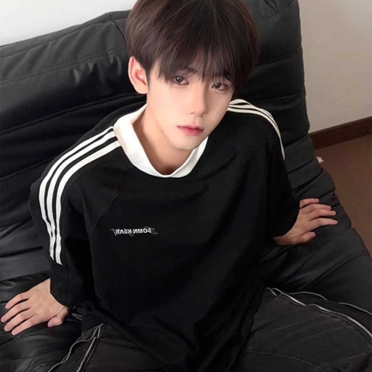 美式三条杠拼接短袖男夏季