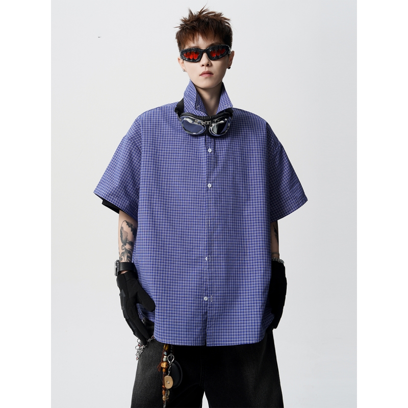 美式复古蓝格子衬衫男夏季