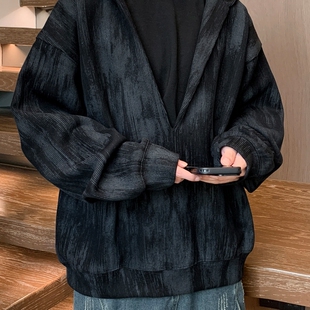 擦色扎染深V连帽假两件长袖卫衣男春秋季cleanfit痞帅宽松打底衫