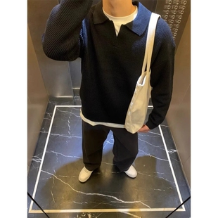 慵懒风翻领套头线衣外套 高级感内搭打底针织衫 Polo领毛衣男款 冬季