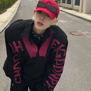 欧美hiphop设计感涂鸦撞色长袖衬衫男vibe高街复古痞帅垫肩外套潮