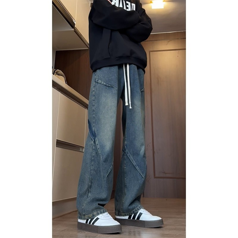 美式复古牛仔裤男春秋季时尚褶皱设计感阔腿工装裤高街百搭休闲裤,男装,卫裤,淘宝优惠券,粉丝福利购,淘宝优惠卷