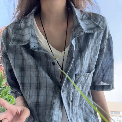 美式复古格子衬衫短袖男夏季