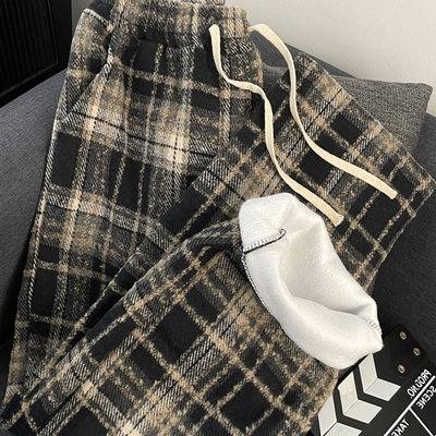 复古撞色格纹休闲裤男加绒