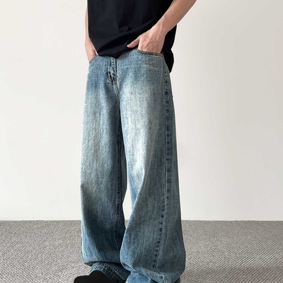 美式cleanfit做旧蓝色牛仔裤