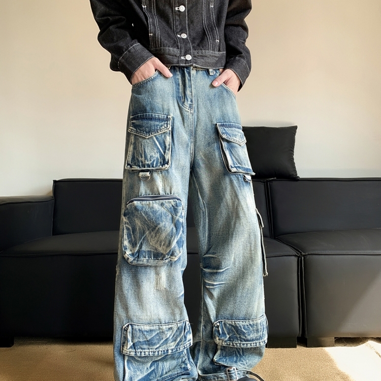 美式嘻哈立体多口袋工装牛仔裤