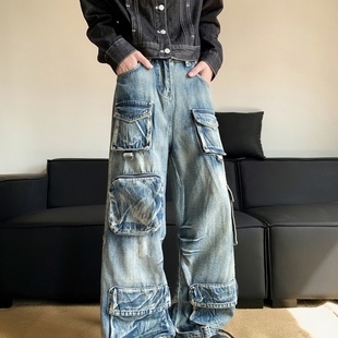 男小众潮牌街头重工水洗阔腿长裤 牛仔裤 子 嘻哈立体多口袋工装 美式