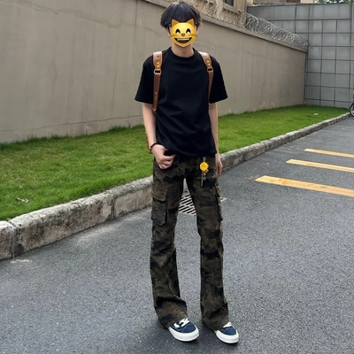 设计感潮流复古迷彩牛仔裤男