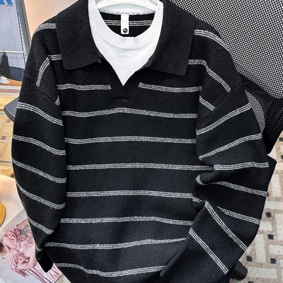 韩系小众假两件条纹Polo领毛衣