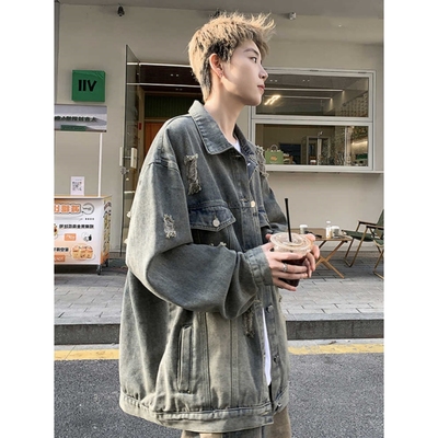 破洞牛仔外套男春秋款复古