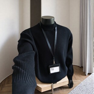 cleanfit半高领打底衫 针织毛衣男款 boxy竖条纹老钱风正肩长袖 美式
