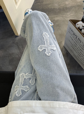 欧美高街vibe裤子ins潮十字架浅蓝色牛仔裤男直筒美式复古阔腿裤