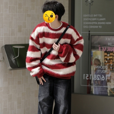 美式红色条纹马海毛毛衣男