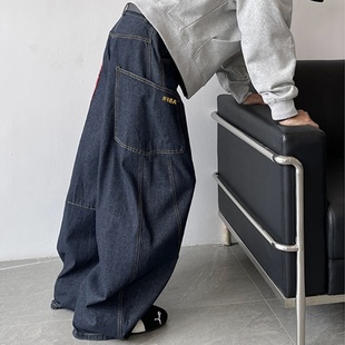 复古阔腿拖地长裤 小众设计感bei美式 潮 复古弯刀牛仔裤 大口袋工装