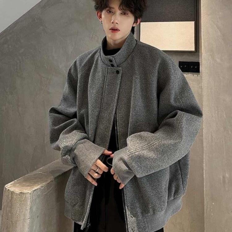 美式灰色立领毛呢外套男款