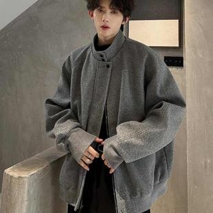 美式灰色立领毛呢外套男款秋冬痞帅呢子大衣短款韩系廓形西装夹克