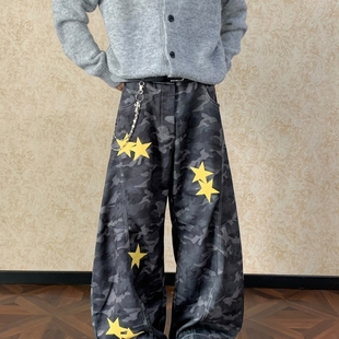 男vibe潮牌复古宽松休闲水洗阔腿裤 美式 星星街头风迷彩弯刀牛仔裤
