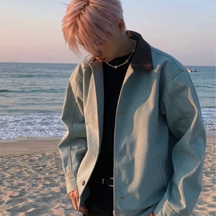 湖水绿底特律工装夹克男高级感痞帅翻领棒球服美式复古巴恩风外套