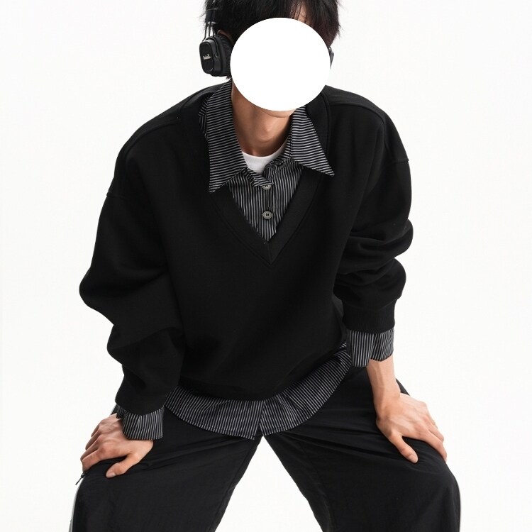 高智感假两件POLO卫衣男2025秋季宽松撞色拼接长袖miu系情侣外套