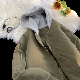 军绿色保暖面包服 假两件夹克棉衣男2023冬季 可拆卸帽外套高街美式