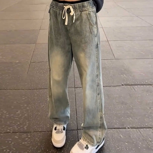 美式高街vibe裤子男款春季蓝色抽绳牛仔裤阔腿宽松弯刀直筒微喇裤
