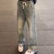 阔腿宽松弯刀直筒微喇裤 美式 春季 蓝色抽绳牛仔裤 高街vibe裤 子男款