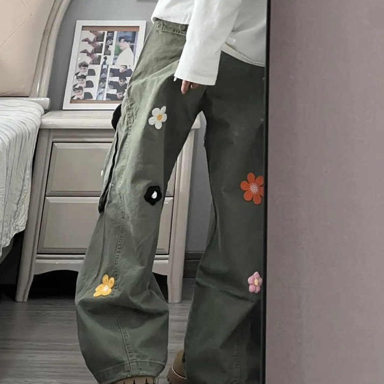 小花复古军绿褶皱阔腿裤