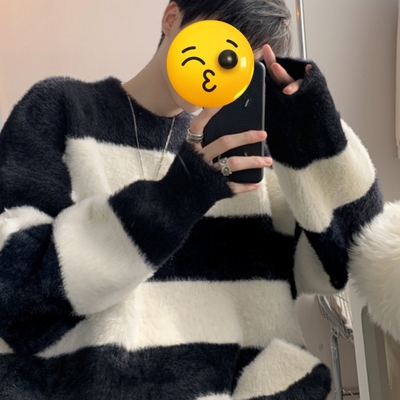 黑白条纹海马毛毛衣男秋冬款