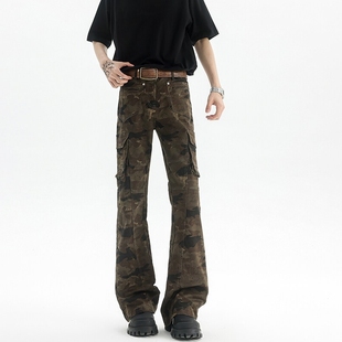 小众设计感工装裤美式复古迷彩微喇牛仔裤男生大码显瘦伐木工装裤