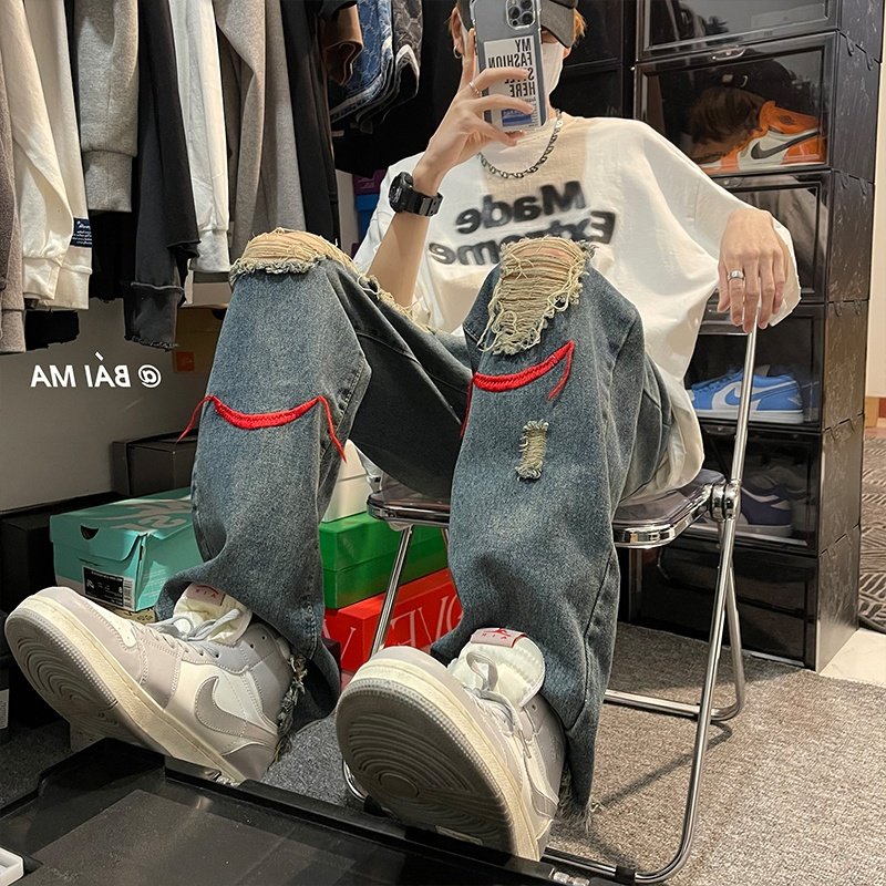 红线破洞牛仔裤男春秋欧美