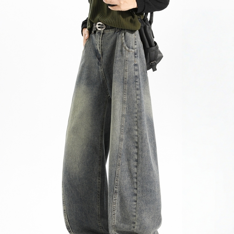 欧美高街弯刀阔腿牛仔裤男