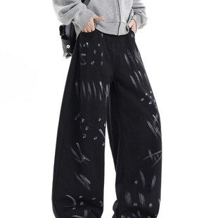 潮牌街头宽松直筒设计感阔腿裤 美式 子 男秋季 手绘涂鸦风休闲牛仔裤