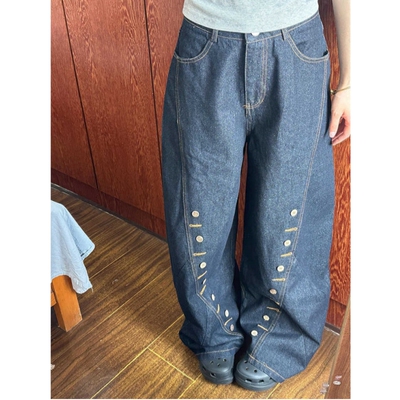 纽扣丹宁蓝弯刀裤美式街头
