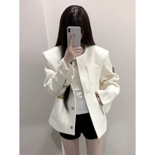 白色短款小香风西装外套男款2025秋季潮牌设计高级感无领美式夹克