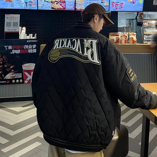 菱形格棉服男冬季美式复古棒球服