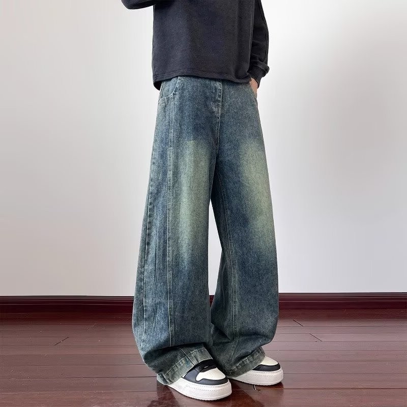 水洗做旧美式复古秋冬拼接男生高街cleanfit弯刀牛仔裤休闲阔腿裤,男装,卫裤,淘宝优惠券,粉丝福利购,淘宝优惠卷