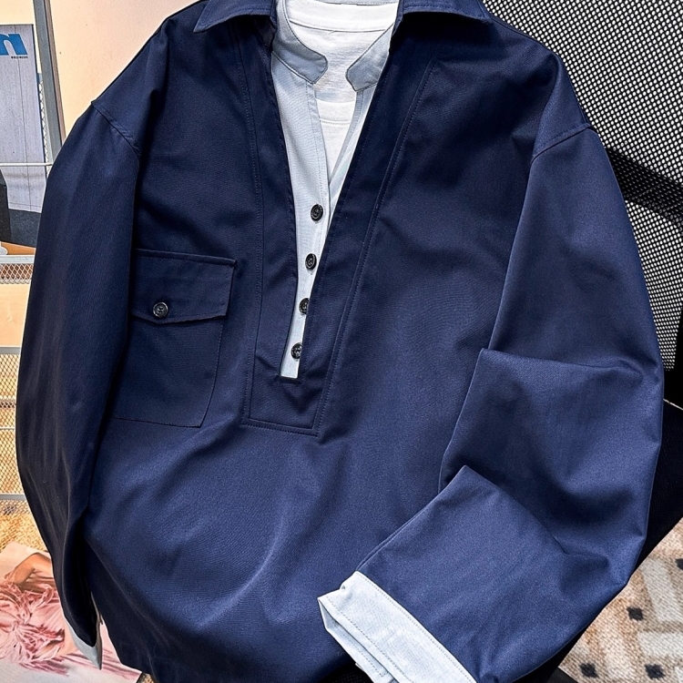 老钱V领假两件长袖衬衫男款