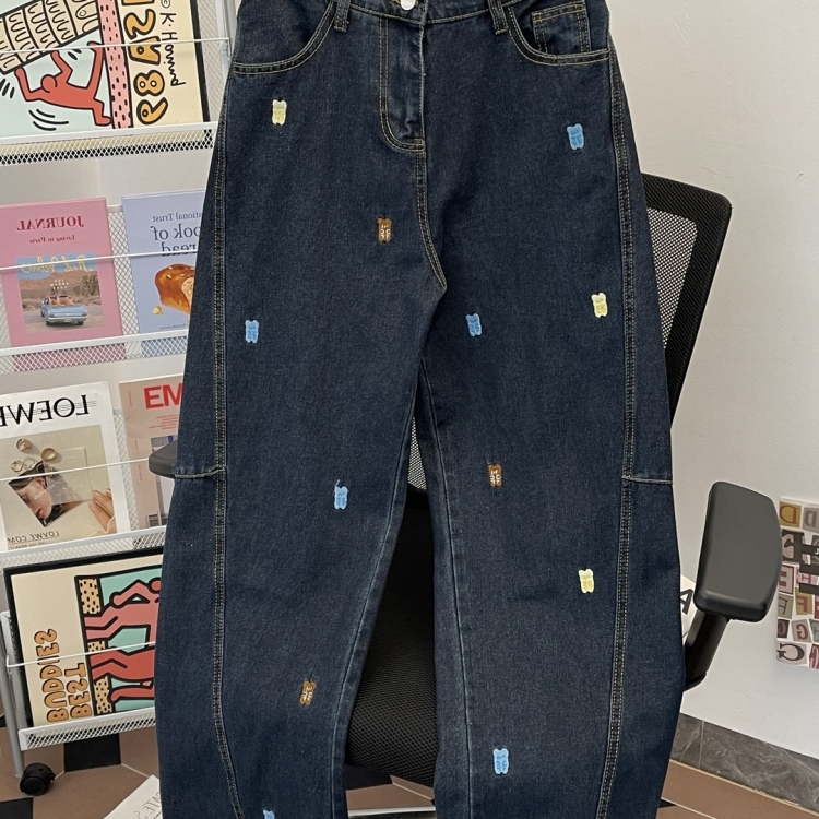 趣味小熊刺绣牛仔裤男女